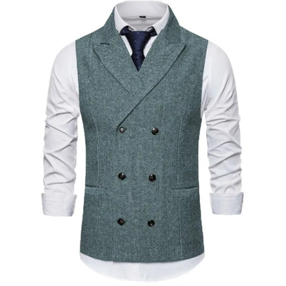 Men Vest Brown Herringbone Double Breasted Buckle Solid Business Casual Waistcoat Regular Slim Banquet Men Suit Vest