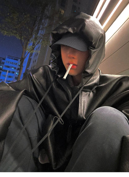 Spring Autumn Short Oversized Black Soft Pu Leather Jacket Men with Hood Zipper Loose Casual Korean Fashion Clothes