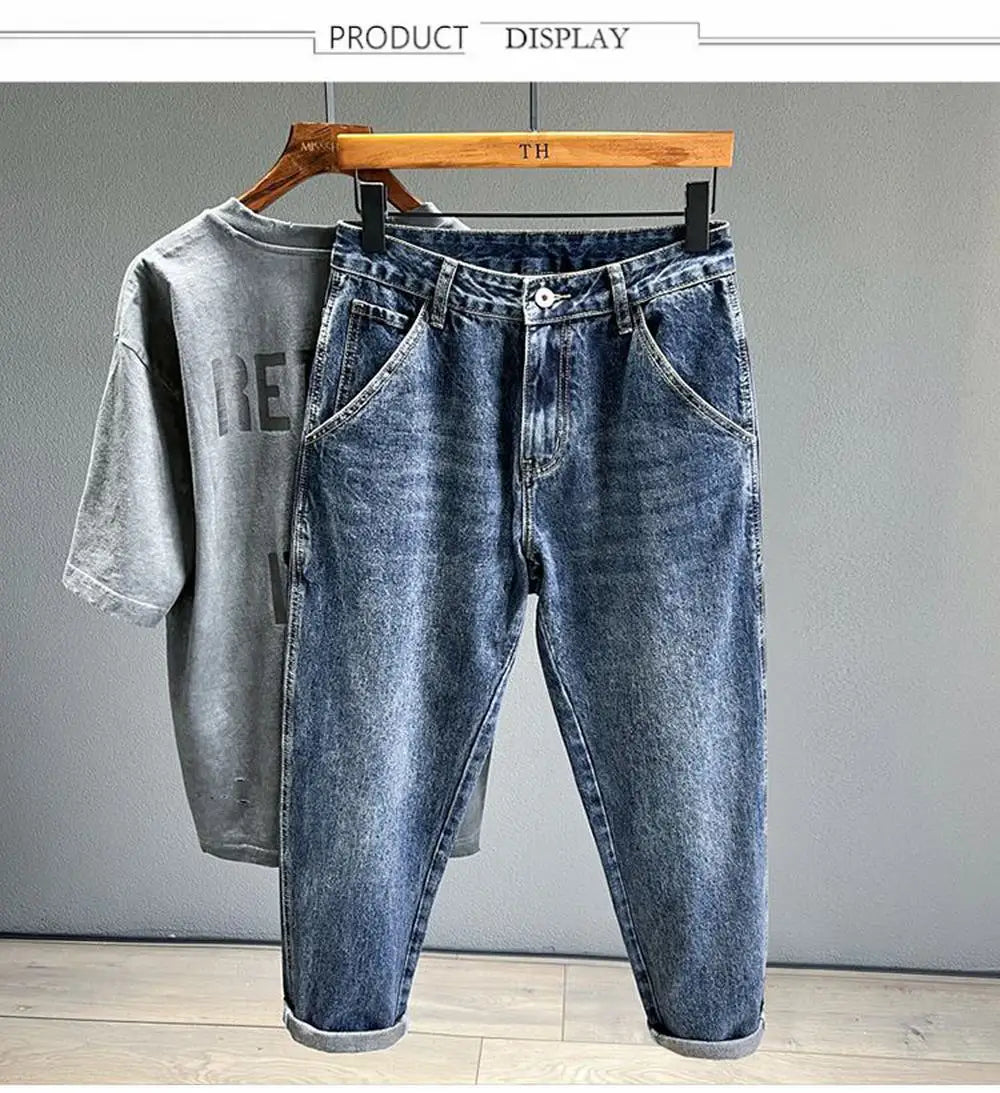 Korean Vintage Loose Tapered Men's Jeans Fashion High Street Drape Harem Pants Youth Hip Hop Streetwear Male Blue Denim Trousers