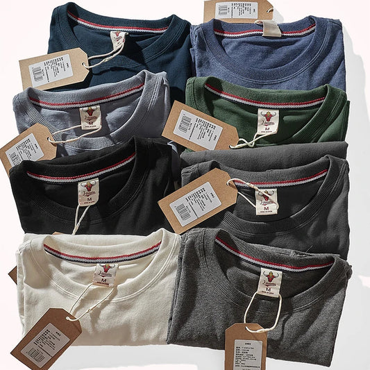 Autumn American Retro Long Sleeve O-neck Solid Color T-shirt Men's Fashion Simple 100% Cotton Washed Old Casual Bottoming Tops