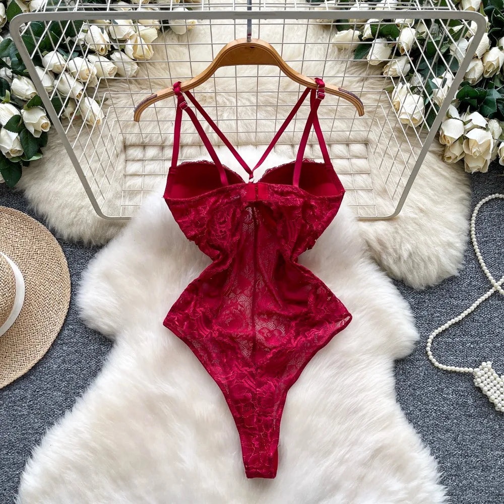 Sexy Lace Push Up Bodysuit See Through Mesh Patchwork Sleeveless Slim Thin One Pieces Elegant Women's Strappy Lingerie