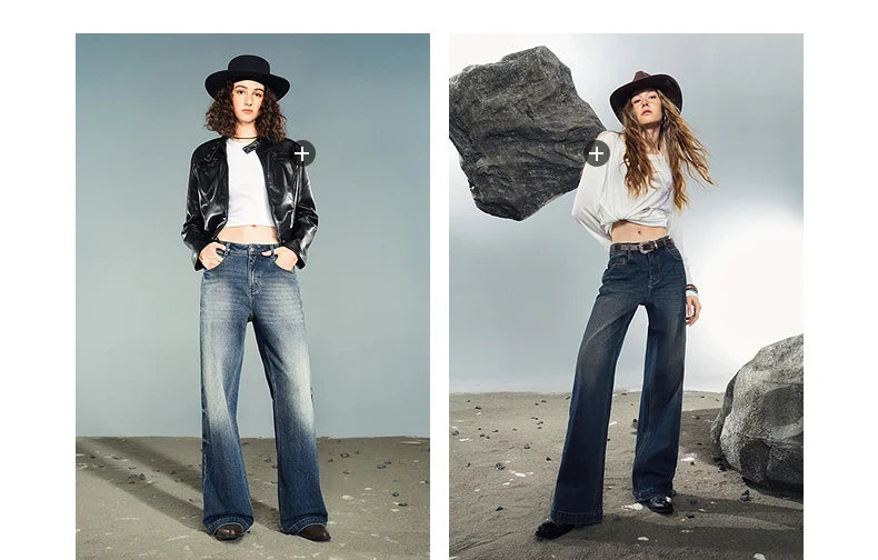 Women Denim Jeans 2025 Autumn New Lycra Stretch Washed Wide Leg Straight Long Pants