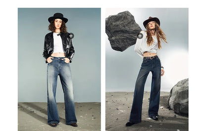 Women Denim Jeans 2025 Autumn New Lycra Stretch Washed Wide Leg Straight Long Pants