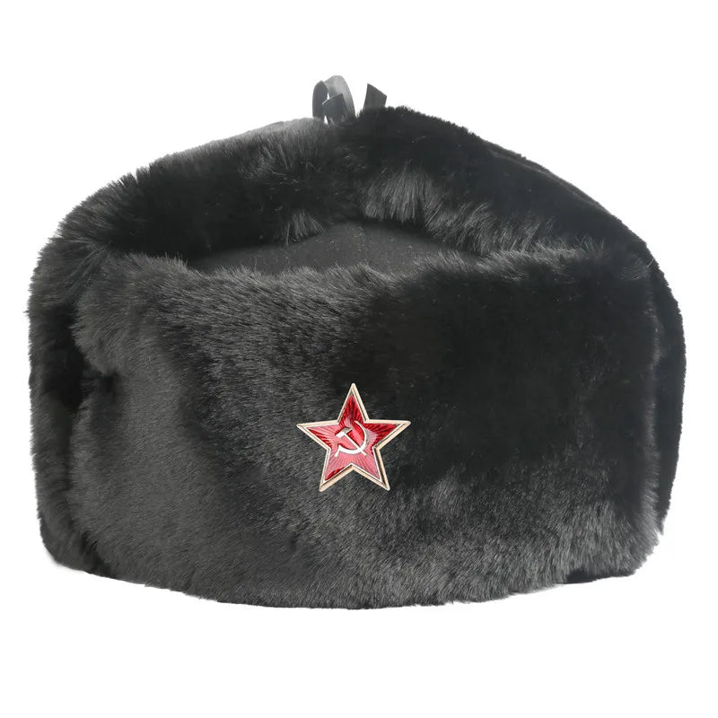 Soviet Badge Ushanka Men Winter Bomber Hats CCCP Pilot Faux Rabbit Fur Earflap Army Trapper Trooper Hat Russia Snow Cap