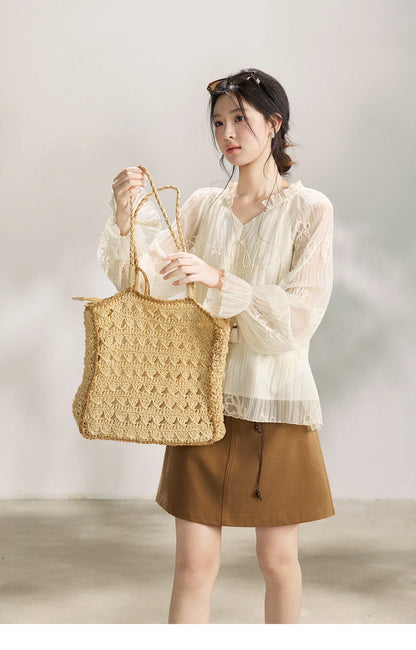 Women's Tassel Tie Flower Embroidered Blouse 2026 Spring V-Neck Lantern Sleeves Top Casual Loose Sheer Blouses MXF13X2525