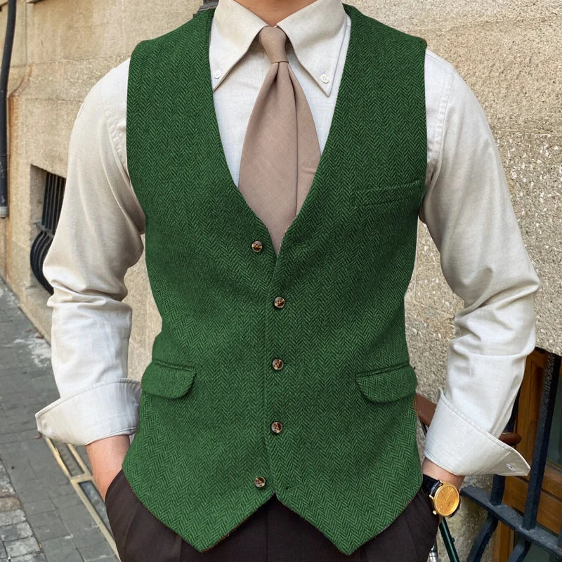 Men Vest Blue Herringbone Solid Color Single Button Waistcoat For Wedding Business Banquet Work Formal Men Suit Vest