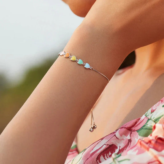 bamoer Bracelet en émail cœur couleur arc-en-ciel pour femme, Bracelet chaîne en argent sterling 925 en forme de cœur, Bijoux anti-allergiques SCB158