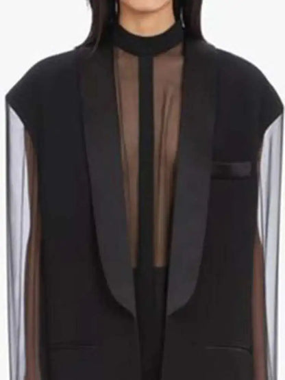 Fashion Women's Blazer Fake 2 Pcs O-neck Splicing Translucent Gauze Long Sleleve Suit Jackets Autumn 2025 New Tide 17A2746