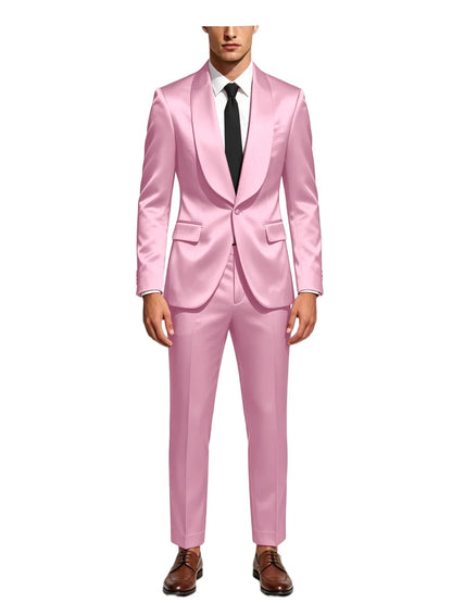 Luxury Men's Satin Tuxedo Suit Shawl Lapel Slim Fit 2-Piece Blazer & Pants Set Formal Business Casual Jacket Coat for Wedding