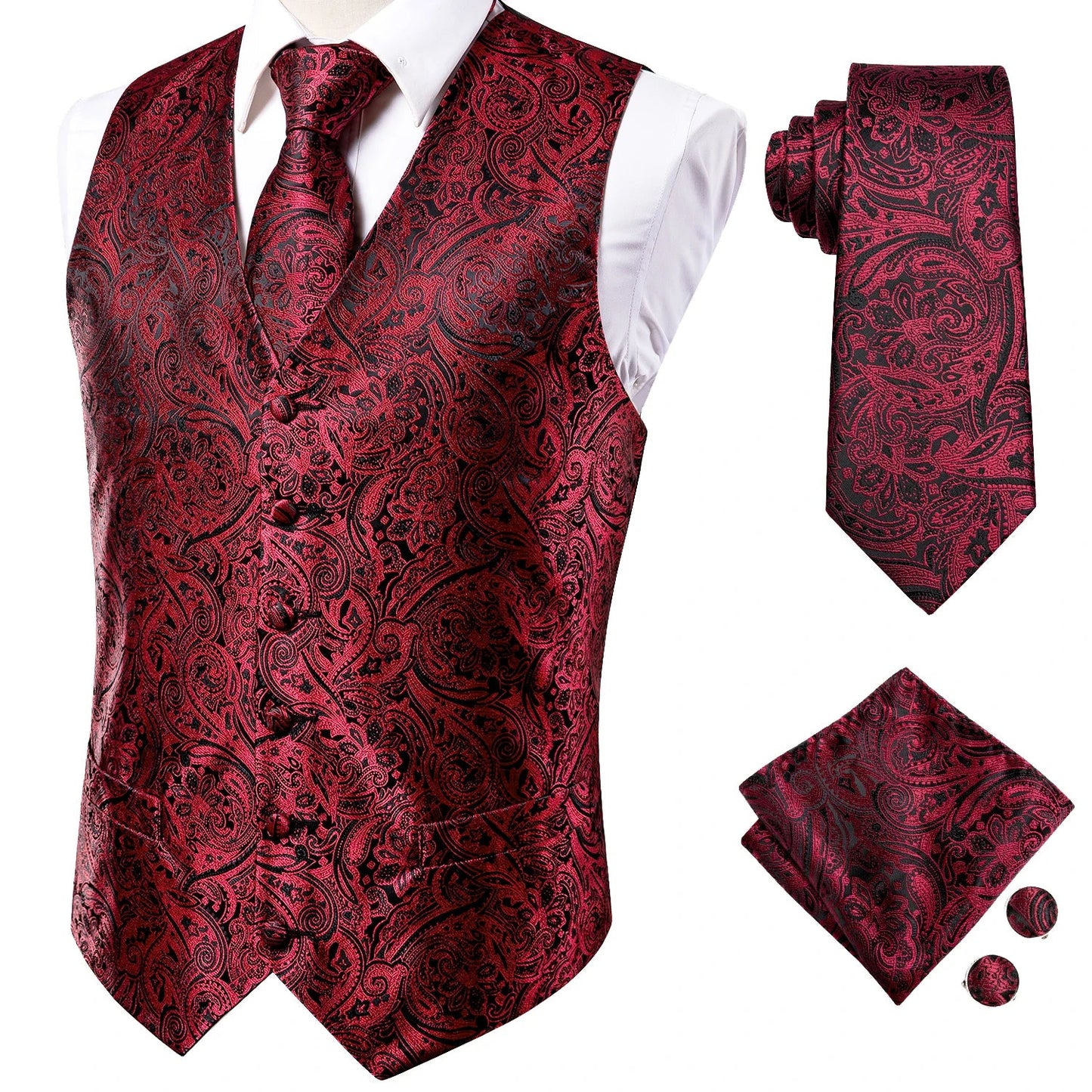 Adult Men's Vest for Suit Luxury Paisley Floral Plaid Suit Vest and Tie Set Blue Gold Red Sliver Wedding Vest Men