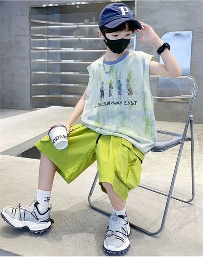 New Summer Kids Clothing Set Sleeveless T-shirt Suit with Shorts for Boy Luxurious Cotton Tracksuit 5 6 7 8 9 10 11 12 13 14 T