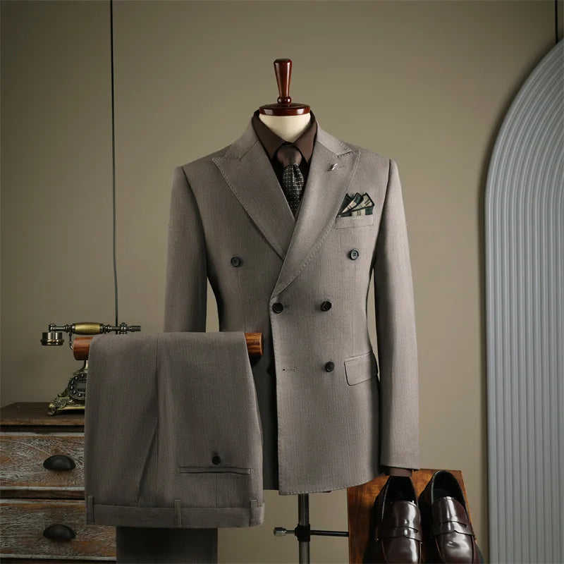 High Quality Mens Suit Formal Business Slim Fit Double-breasted Striped Suit Set Groom Wedding Dress Party Tuxedo Men's Clothing