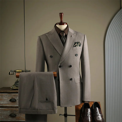 High Quality Mens Suit Formal Business Slim Fit Double-breasted Striped Suit Set Groom Wedding Dress Party Tuxedo Men's Clothing