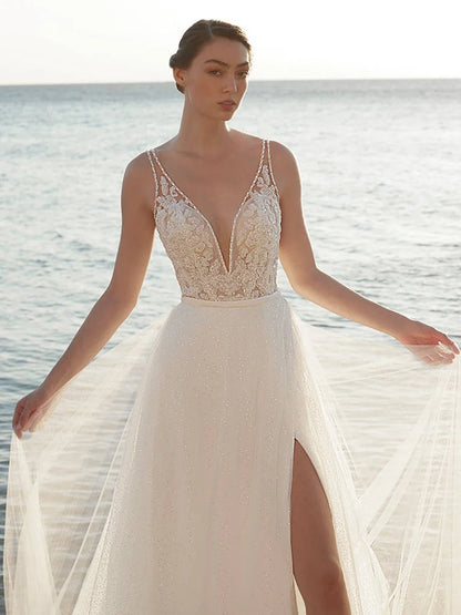 Customized New Arrival Wedding Dresses 2024 Summer Bridal Gowns Lace Beach Bride Dresses Thigh Slit Wedding Gowns Sleeveless