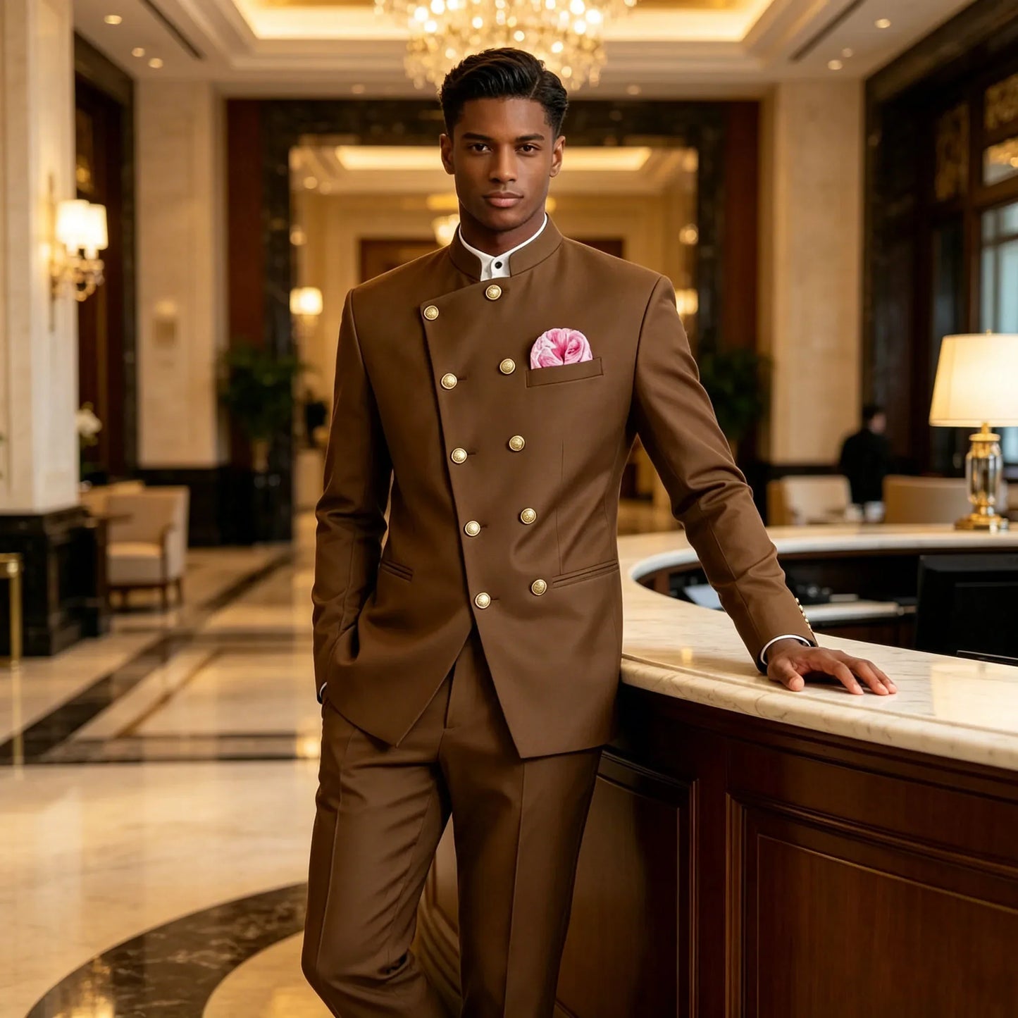 Men's Chinese Style Suit 2 Piece Brown Mandarin Collar Double Breasted With Gold Buttons Formal Jacket Pants For Business Weddin