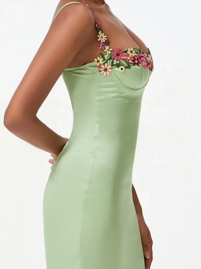 Satin Sling Bodycon Long Dress Women Flower Embroidery Sleeveless Spaghetti Strap Cocktail Dress Summer Party Club Skinny Dress