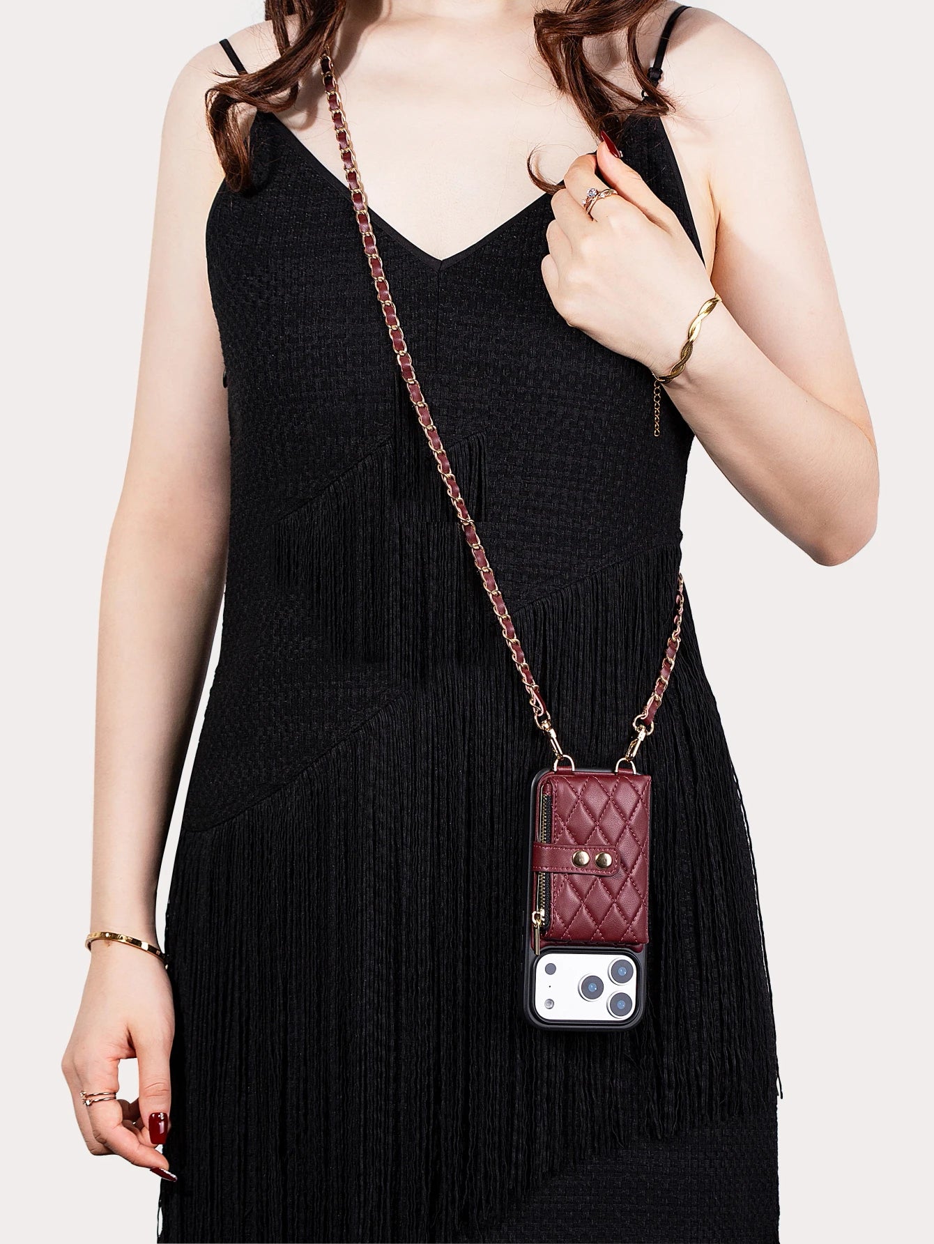 Lingge Double Button Fragrant Wind Phone Case, Change Card Bag, Quilted Leather Cover, Suitable for Apple 17/16/15/14/13/12/11
