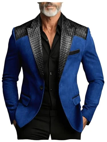 Men's Faux Suede Jacket with PU Leather Collar & Shoulder Two-Tone Blazer Contrast Trim Coat