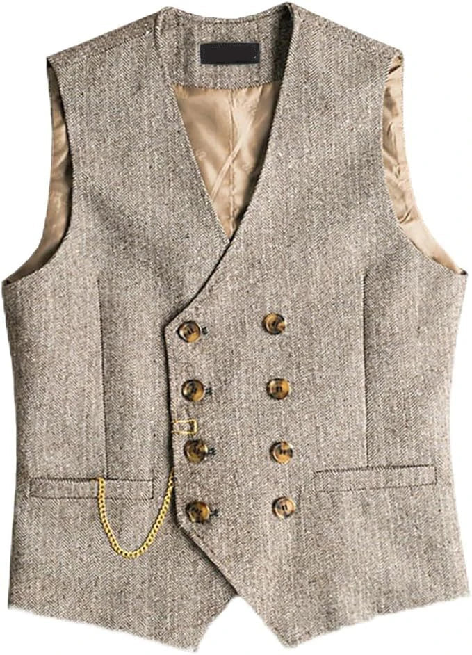 Men's Suit Vest Herringbone Pattern Retro British Style Double Breasted Waistcoat Four Season Outerwear Wedding Party traveling