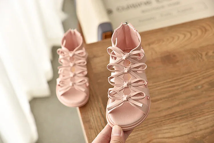 Gladiator Children Sandals for Girls 2025 Breathable Summer Girl Roman Shoes Boots Black Pink Beige Party Student Sandal I06095
