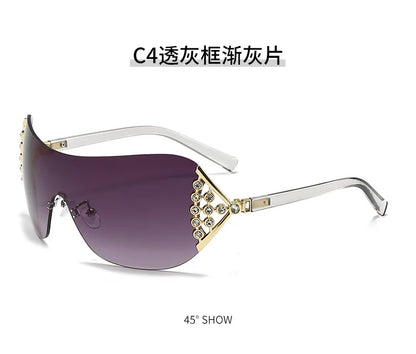 2025 New Ins Diamond Sunglasses Women One-piece Lenses Fan-shaped Sun Glasses Ladies Y2K Trendy Rimless Alloy Legs Punk UV400