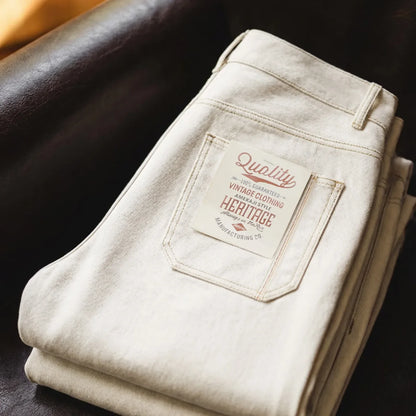 Men's Vintage Heavyweight Washed White Jeans Straight 100% Cotton CleanFit Casual Pants with Zip Fly for Spring and Autumn