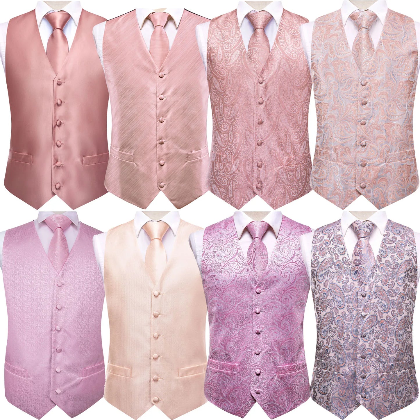 Wedding Coral Pink Mens Vest Silk Tie Set Adjustable Jacquard Waistcoat Jacket Necktie Hanky Cufflinks Formal Party Gifts