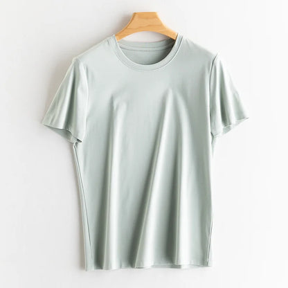 6% Real Silk Cotton Modal Women's T-shirt 2026 Summer Tees Short Sleeve Solid Tee Shirts V-neck Casual Woman Basic T shirt Tops