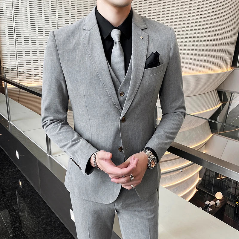 Men's Large Size Three-Piece Suit Set - High-Quality Solid Color Fashion Business Professional Suit with Vest And Trousers