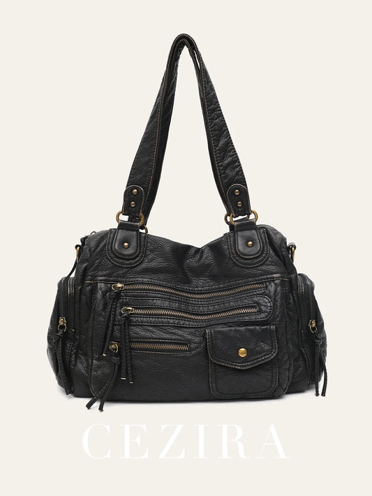 Vintage Women Unisex Brush-off Color Washed PU Vegan Leather Zip Pockets Shoulder Cross body Bag Large Retro Casual Daily Travel