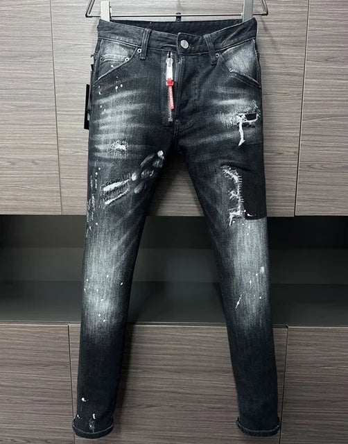 Men Jeans Denim Pants Hole Slim Pencil Trousers Metal Buttons Party Classics Fashionable Black DSQ2 JENAS