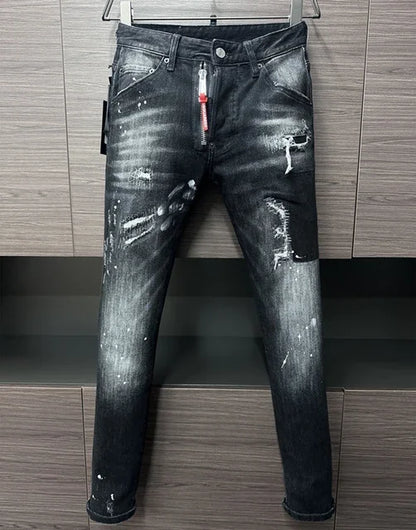 Men Jeans Denim Pants Hole Slim Pencil Trousers Metal Buttons Party Classics Fashionable Black DSQ2 JENAS