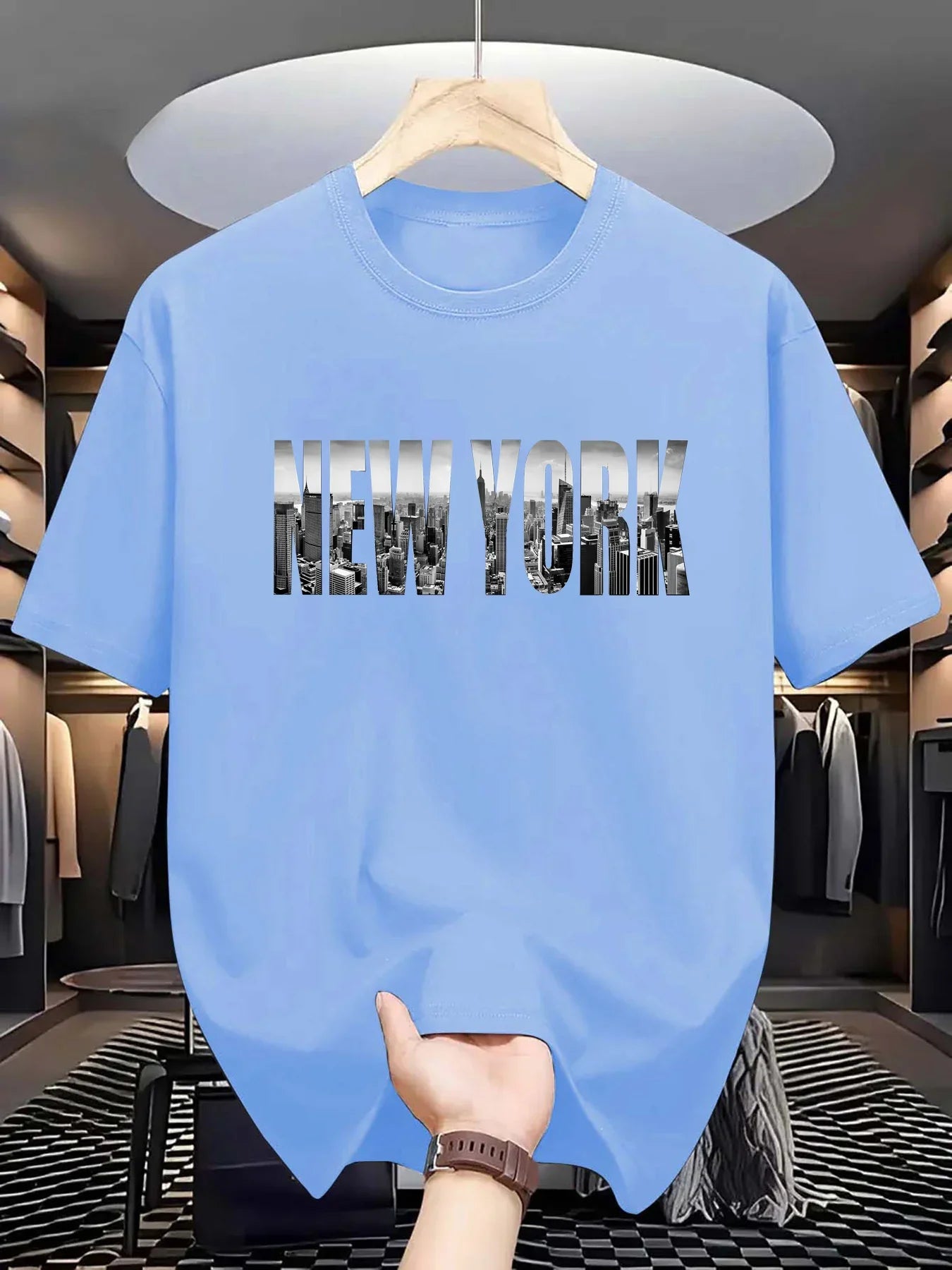 Summer men's 100% pure cotton casual loose plus size New York City printed sports comfortable round neck short sleeved T-shirt