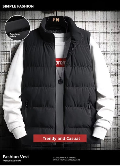 Men's down Vest Thickened Casual Style Stand Collar Jacket Autumn Winter New Fashion Youth Active Fit Zipper Pocket Daily Wear