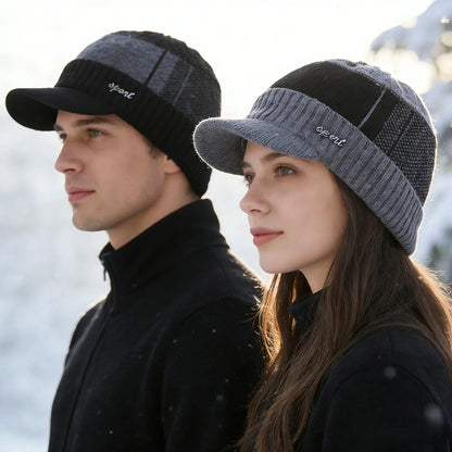 New Unisex Warm Winter Hat With Brim Add Fur Lined Beanie Hat Sports Label Thicken Winter Hats For Men Women Knitted Hat
