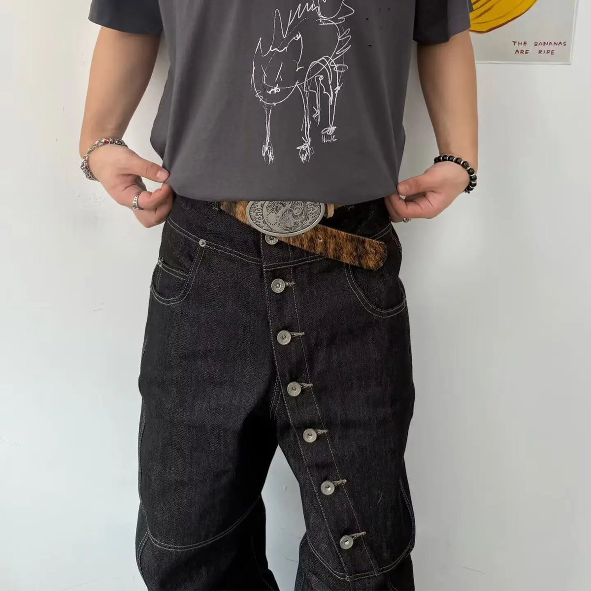 American Retro Long Row Button Design Men's Jeans High Street Loose Wide Leg Floor-Length Trousers Trendy Casual Jeans