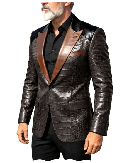 Men's Crocodile Embossed Leather Blazer Luxury Patchwork PU Leather Suit Jacket Slim Fit Peaked Lapel Casual Business Outerwear