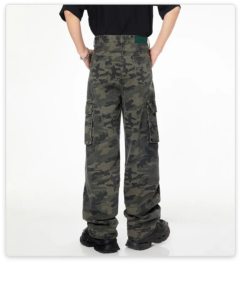 Tall Pants for Slim Thin Skinny Men Y2K Straight Wide Leg Cotton Cargo Pants Camouflage Extra Long Length Trouser Male Vintage