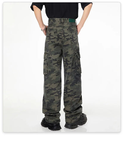 Tall Pants for Slim Thin Skinny Men Y2K Straight Wide Leg Cotton Cargo Pants Camouflage Extra Long Length Trouser Male Vintage