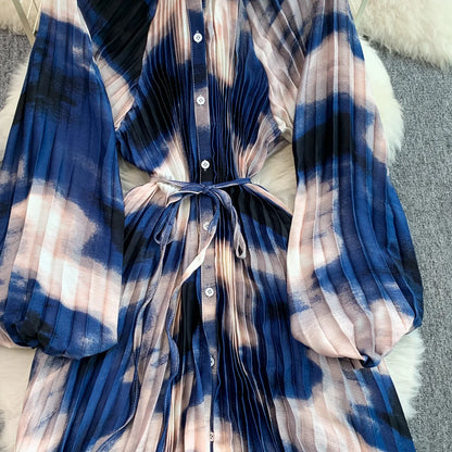 Ele Printed round Ne Lantern Sve Dr Women's Single Button Waist Cinch Maxi Skirt Long Dr Commute Sle Autumn