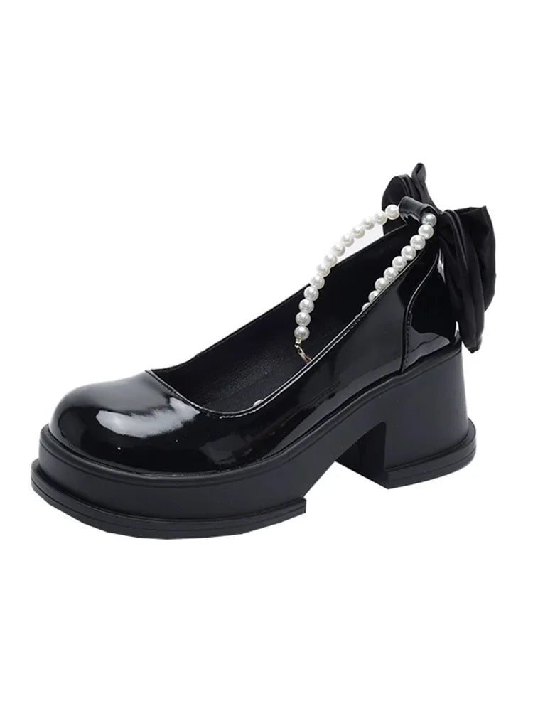 Women Thick Platform Mary Janes Lolita Shoes Party Pumps Summer 2024 New High Heels Sandals Bow Chain Mujer Shoes Oxford Zapatos