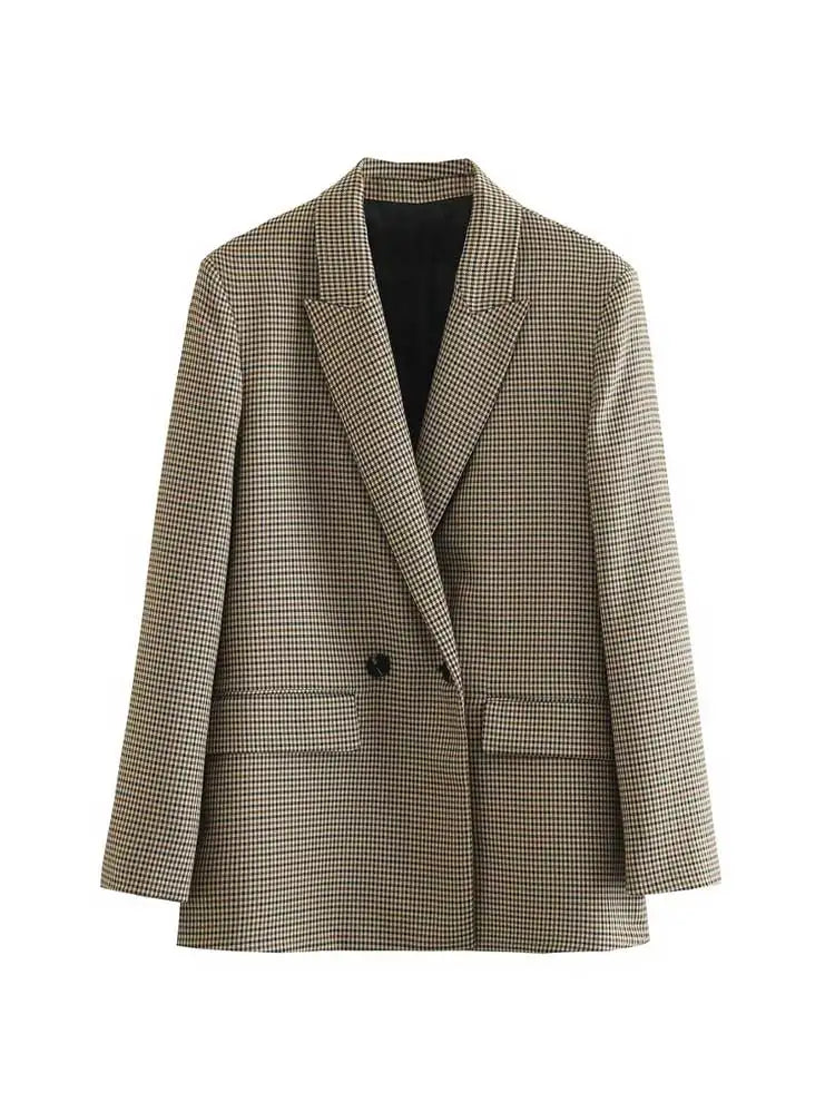 Women Fashion Double Breasted Plaid Blazer Coat Vintage Long Sleeve Flap Pockets Female Outerwear Chic Vestes Femme