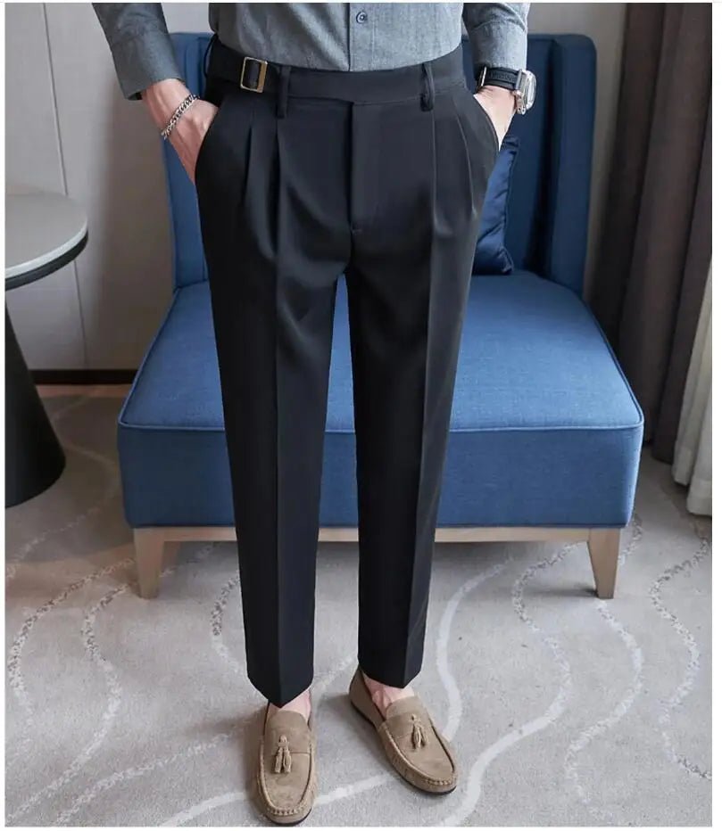Pure Color Male Business Wedding Dress Pants Fashion Unique Design Men Waist Adjustable Suit Pant No Belt Slim Trousers Homme