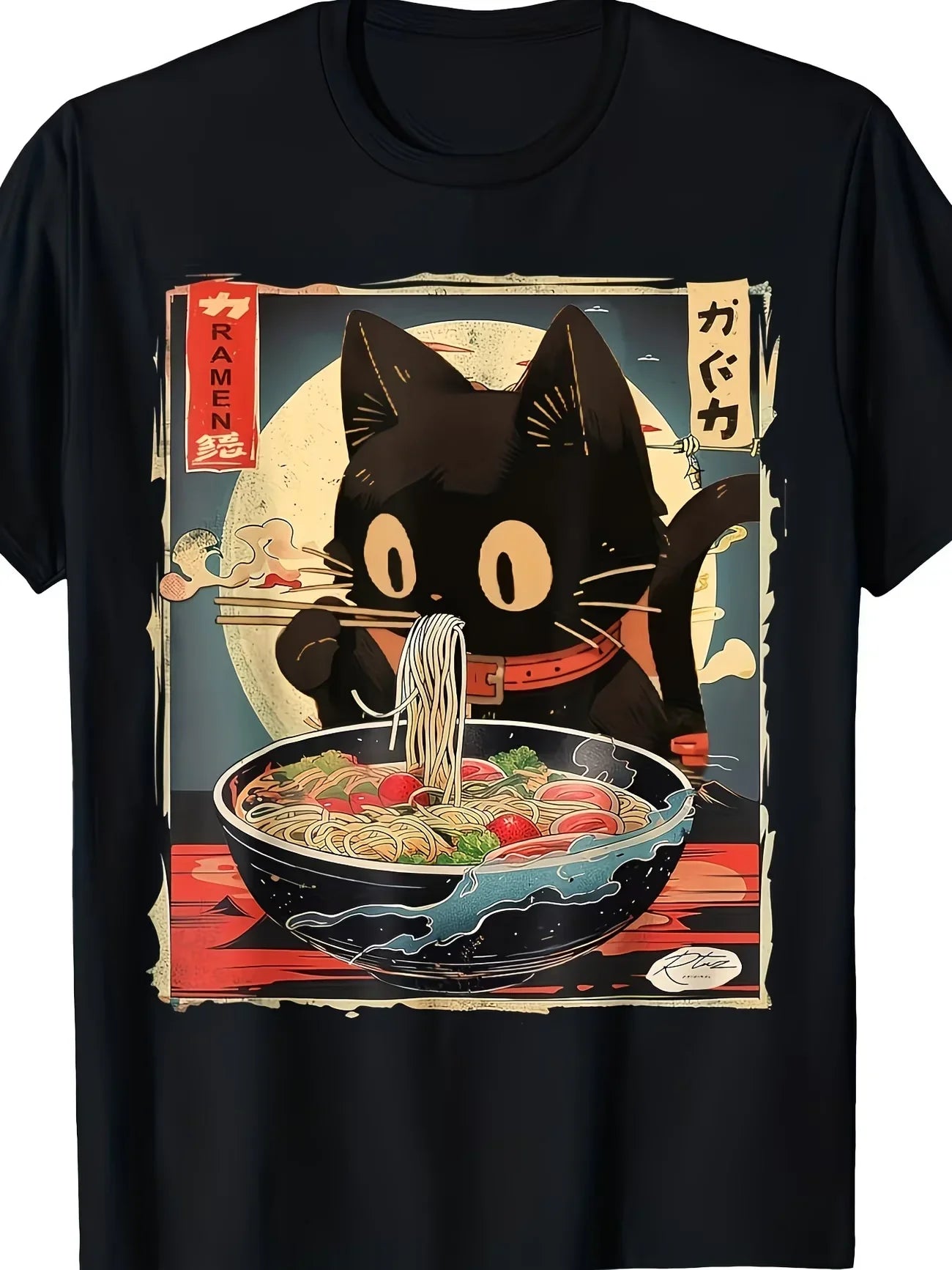 Black Cat & Sushi Kawaii T-Shirt - Cute Anime Sushi Roll & Cat Print, Soft Stretch Round Neck Summer Top, Casual Theme Outfit