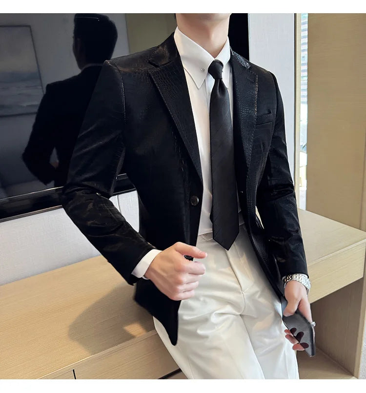 New High Quality Crocodile Stripe Slim Fit Leather Jacket Classic Business Casual Slim Fit Men Blazer Tuxedos Men Clothing 4XL-M