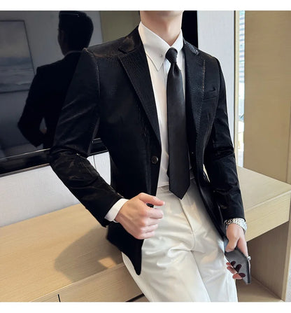 New High Quality Crocodile Stripe Slim Fit Leather Jacket Classic Business Casual Slim Fit Men Blazer Tuxedos Men Clothing 4XL-M
