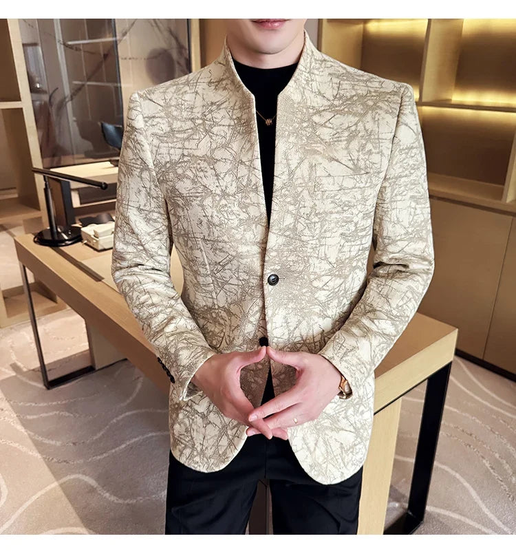 New Chinese Style Stand Up Collar Jacquard Suit Coats Men Slim Business Casual Fashion Suits Jacket Formal Social Party Tuxedos