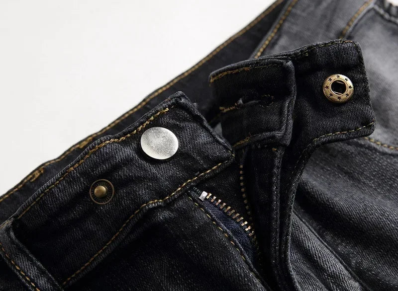 Men's New Casual Motorcycle Jeans Hip Hop Street Riding Stretch Slim Fit Straight Pants Patchwork Fashion Denim Trousers Male