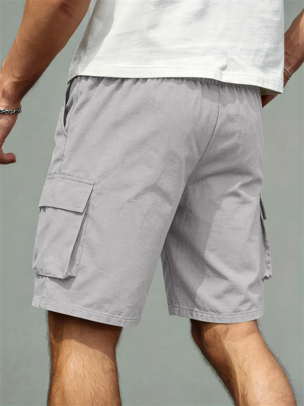 Men's Loose Polyester Straight-Leg Pants, Casual Multi-Pocket Work Shorts, High-End Men's Shorts, Drawstring Daily Work Shorts