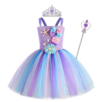 Girls Mermaid Tutu Dress Under the Sea Theme Birthday Party Carnival Costumes with Flower Headband Ocean Halloween Dresses 1-12Y